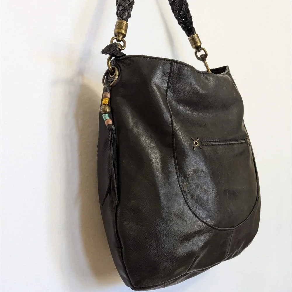 The SAK Indio Black Soft Leather Hobo Braided Shoulder Strap Bag Purse Zip